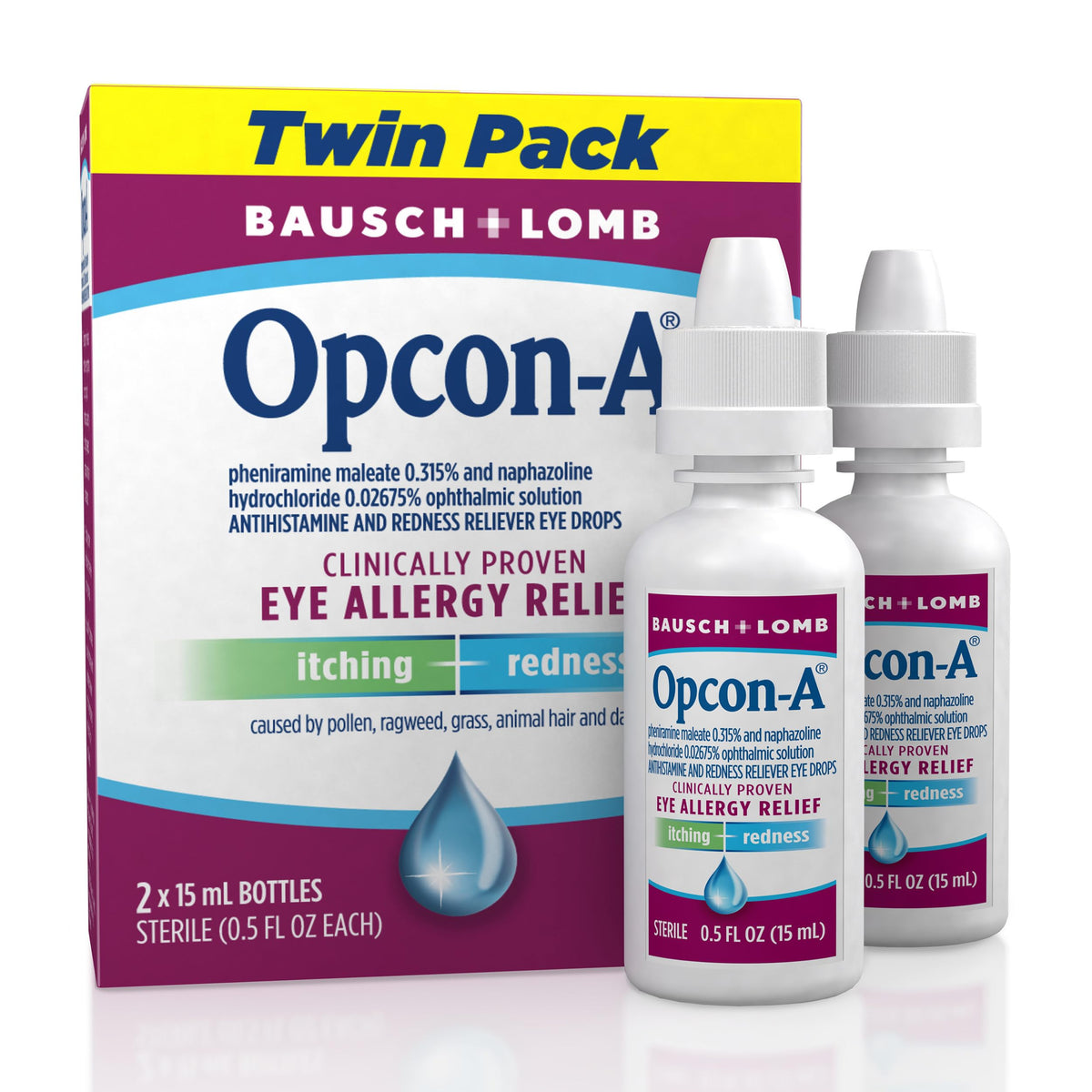 Opcon-A Allergy Eye Drops, Antihistamine and Redness Relief for Itchy, Red Eyes, Soothes Irritation from Pollen (Pack of 2)