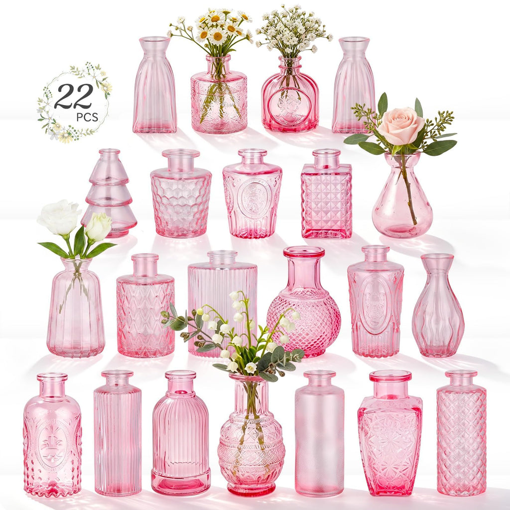 RUCKAE 22 Pack Pink Glass Bud Vases,Vintage Small Flower Vases for Centerpieces,Assorted