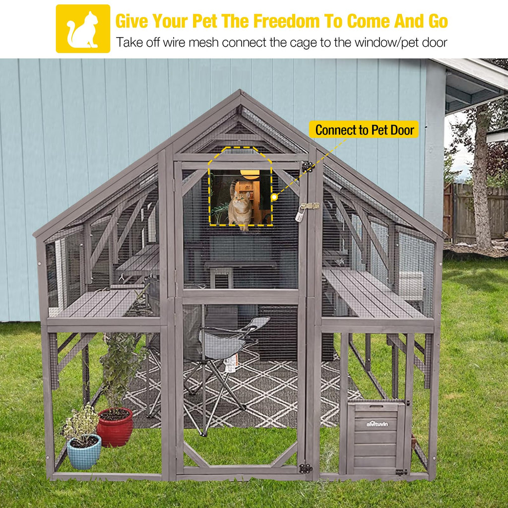 Aivituvin Catio for Multiple Cats, Large 56.54ft² Outdoor Enclosure, Weatherproof w/ 2 Bridges, 7 Trails, 2 Houses, –