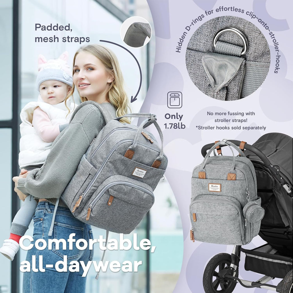 RUVALINO Baby Diaper Bag Backpack with Changing Pad, Waterproof, – XL Gray (YW168)