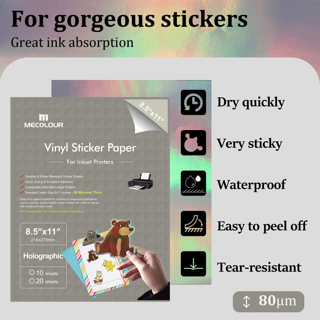 MECOLOUR Holographic Sticker Paper 8.5'' 11'' Printable Premium Rainbow Vinyl for Cricut - 20 view 2