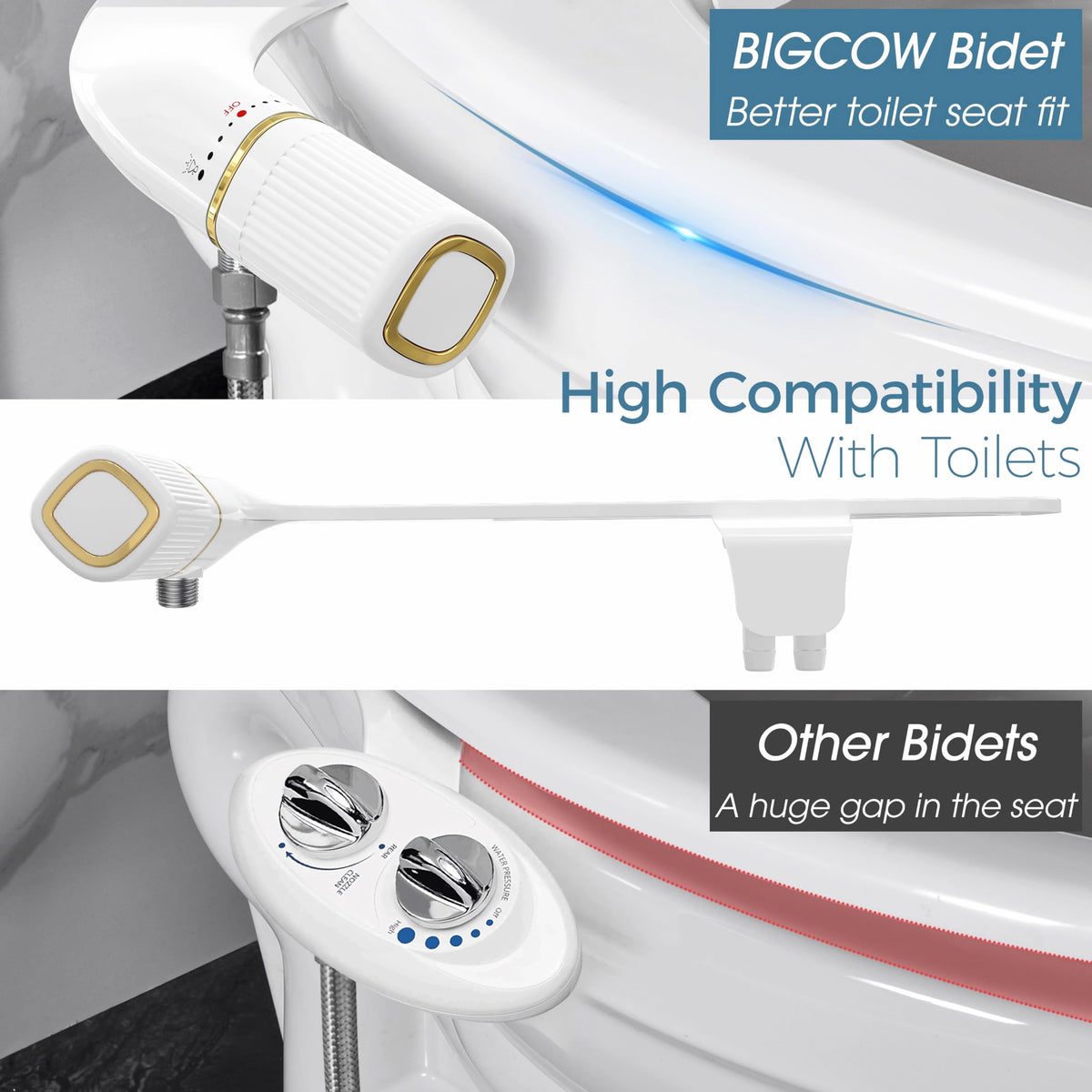BIGCOW Ultra-Slim Bidet Attachment for Toilet - Dual Nozzle (Frontal & Rear Wash) with Adjustable Cold Water Pressure