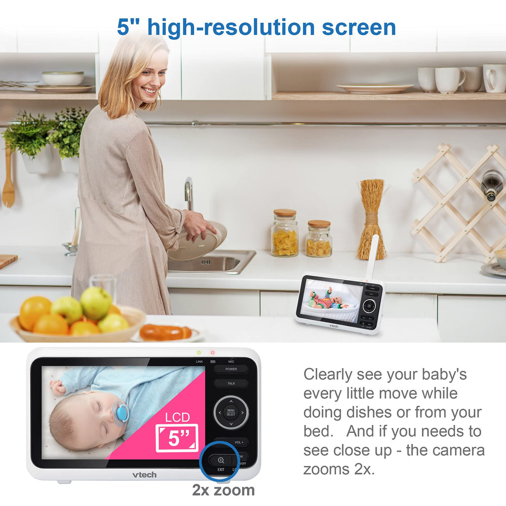VTech Baby Monitor with 2 Cameras No WiFi & 5" Screen – Split-Screen, Patrol Mode, Night Vision, Two-Way Talk