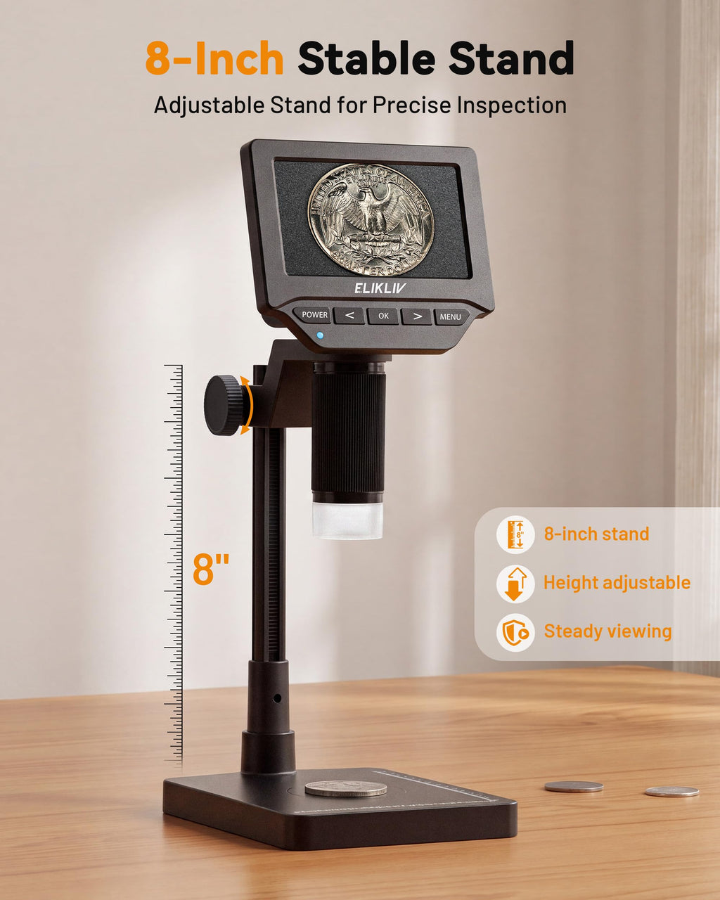 Elikliv Microscope, 4.3'' Digital Coin Magnifier with Lights for Adults (EDM4S)