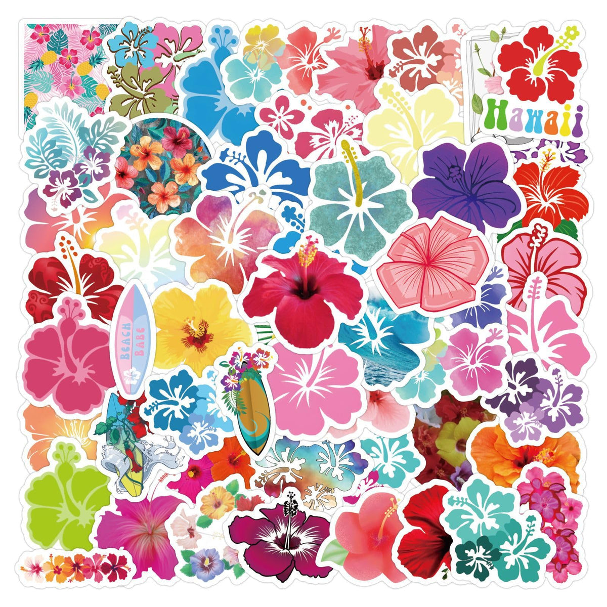 64pcs Aesthetic Hibiscus Stickers for Kids Waterproof Vinyl Aesthetic Hawaiian Floral