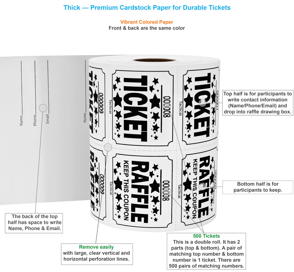 Tacticai 500 Raffle Tickets, Large 50/50 Double Roll - White view 1