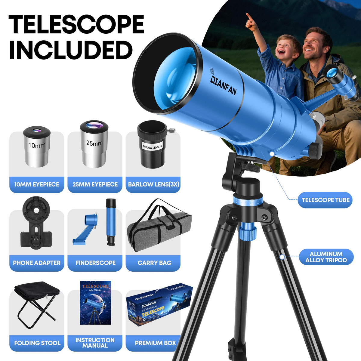 Dianfan Telescope for Kids & Adults, 90mm Aperture 550mm Astronomical Professional (additional view 4)