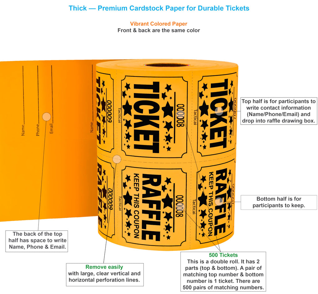 Tacticai 500 Raffle Tickets, Large 50/50 Double Roll - Orange view 1