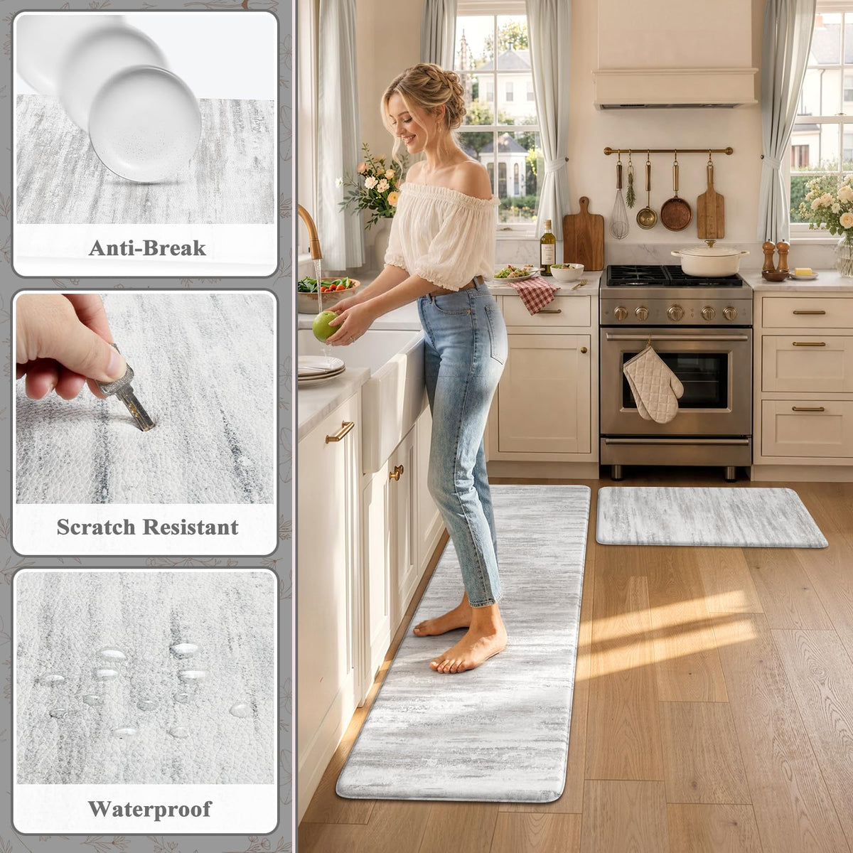 KIMODE Anti Fatigue Kitchen Mat, Abstract Farmhouse Kitchen Rugs Sets of 2 - Grey/Multi / 17.3" x 59"+17.3" x 29"--0.47 inches view 5