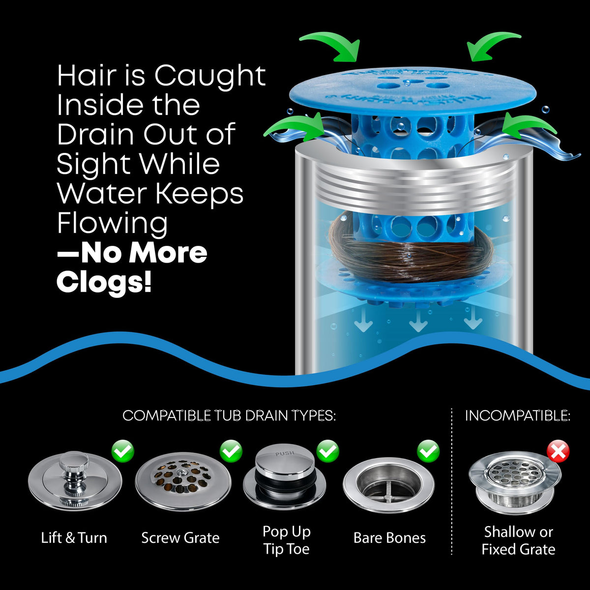 TubShroom The Revolutionary Tub Drain Protector Hair - Blue view 2