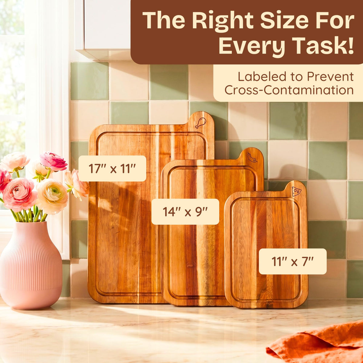 Ziruma Non-Toxic Acacia Cutting Board Set of 3, Mineral Oil Free, Plastic Free (ZAWDCBTRNH)