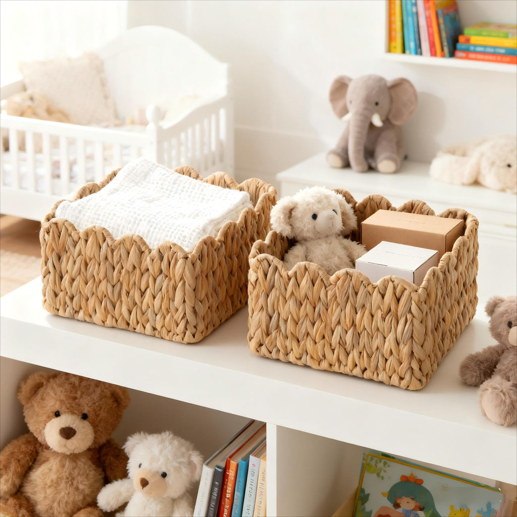 Scalloped Basket, Wicker Storage Baskets, Hand Woven Baskets for Shelves,Natural Baskets for Organizing - Light Beige / S view 5