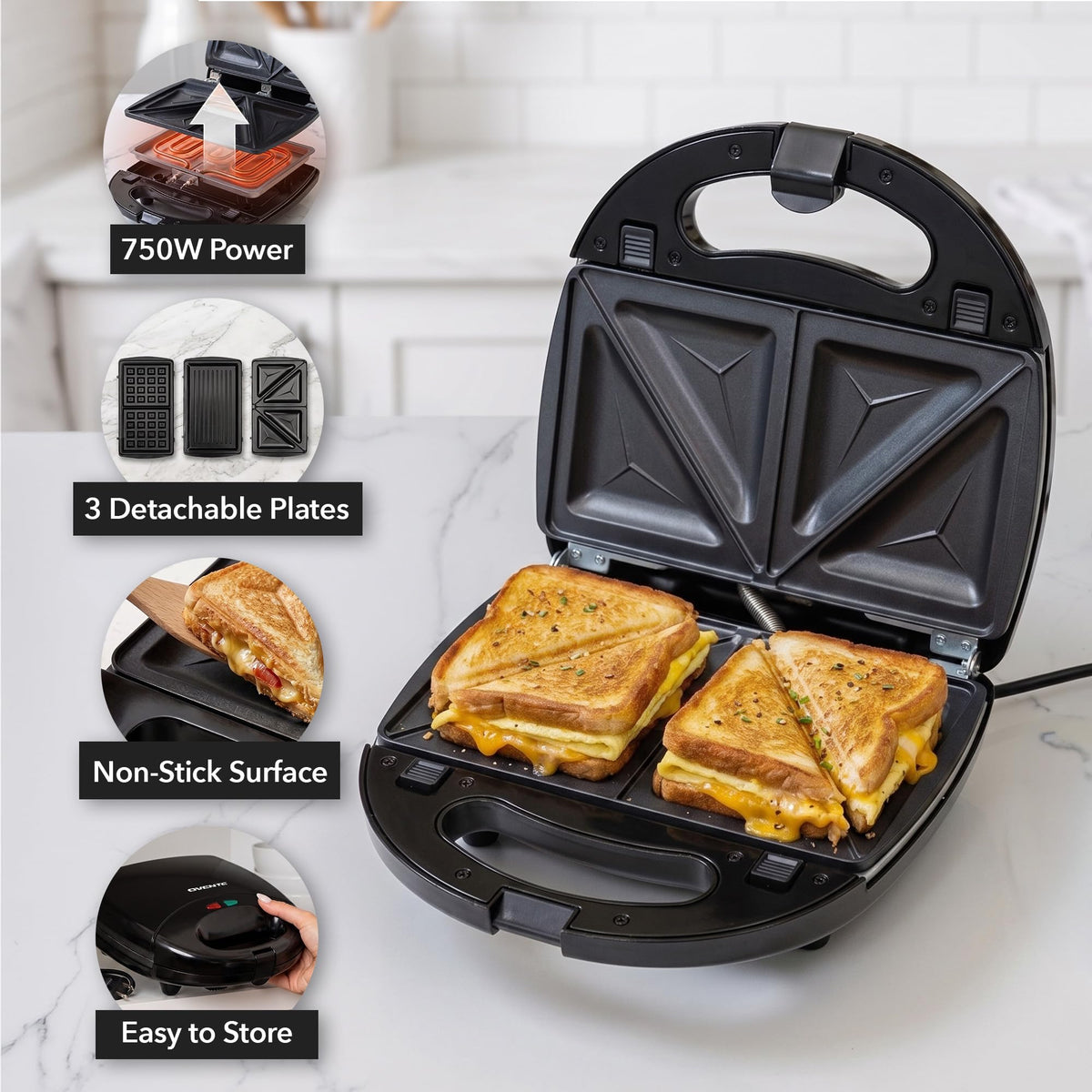 OVENTE Electric Sandwich, Panini and Waffle Maker Set, Black GPI202B (additional view 1)