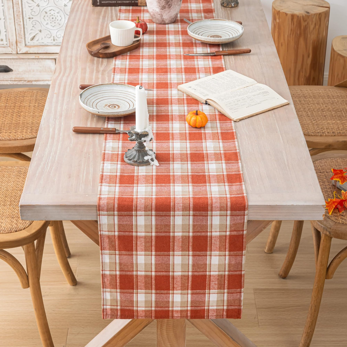 AQOTHES Plaid Fall Thanksgiving Table Runner - Orange Light / 13" x 72" view 2