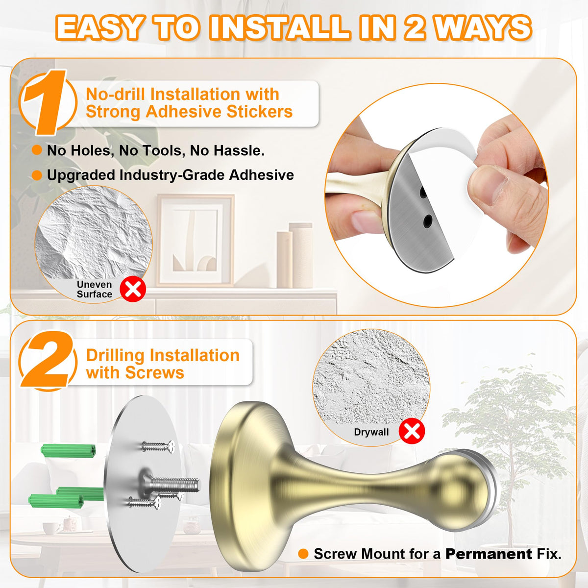 Crosize Magnetic Door Stoppers 2 Pack, Stainless Steel Door Stops, – Gold