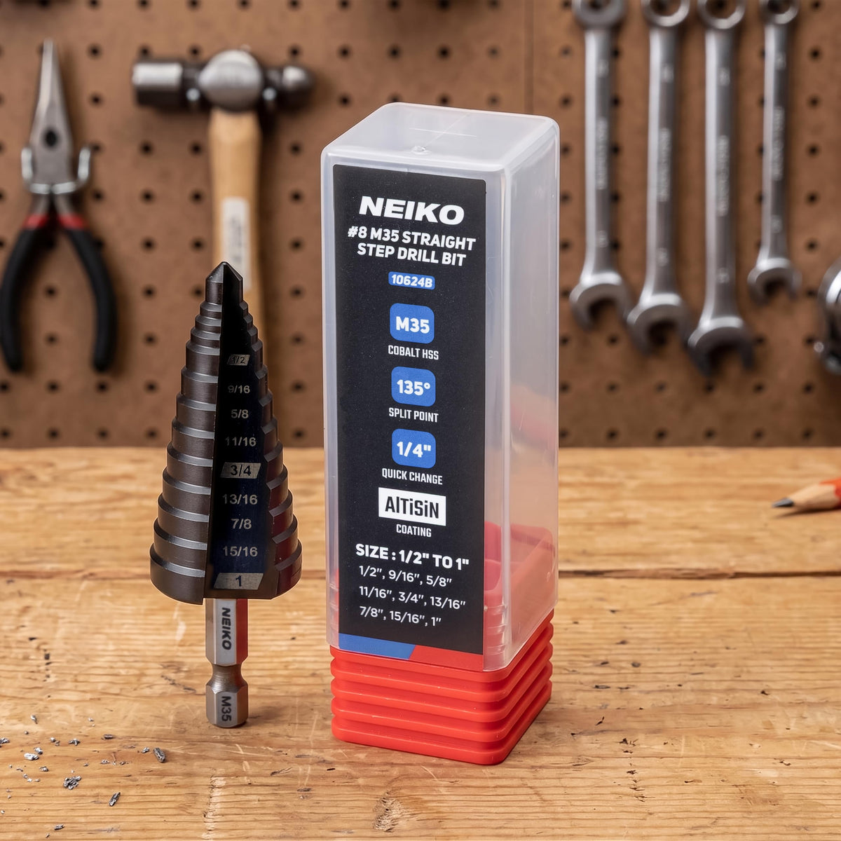 NEIKO 10624B Step Drill Bit, 9 Steps 1/2" to 1" Straight M35 Cobalt, AlTiSiN Coated, 1/4" (additional view 6)