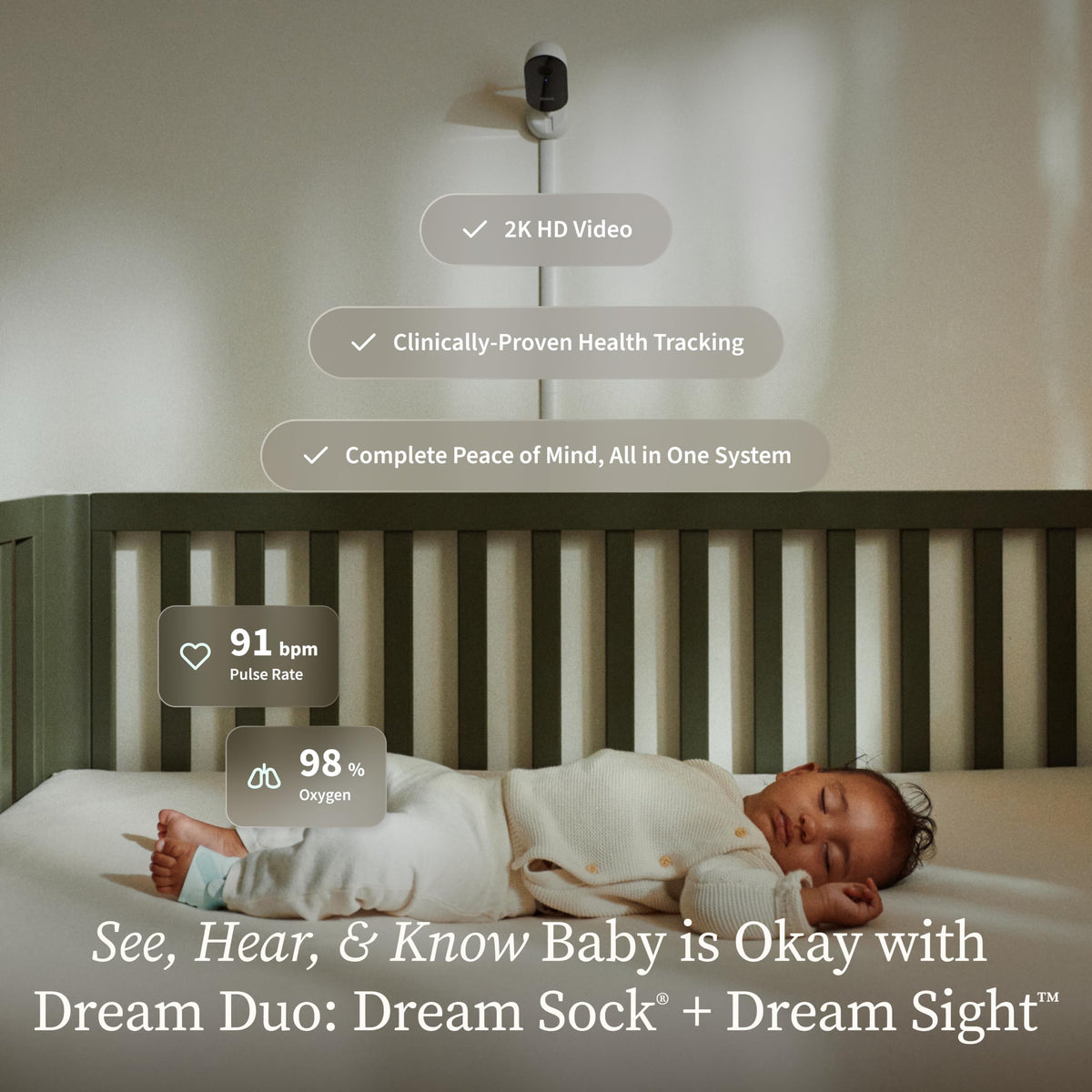 Owlet Dream Duo 3 Smart Baby Monitor System, Dream Sock + 2K HD Camera