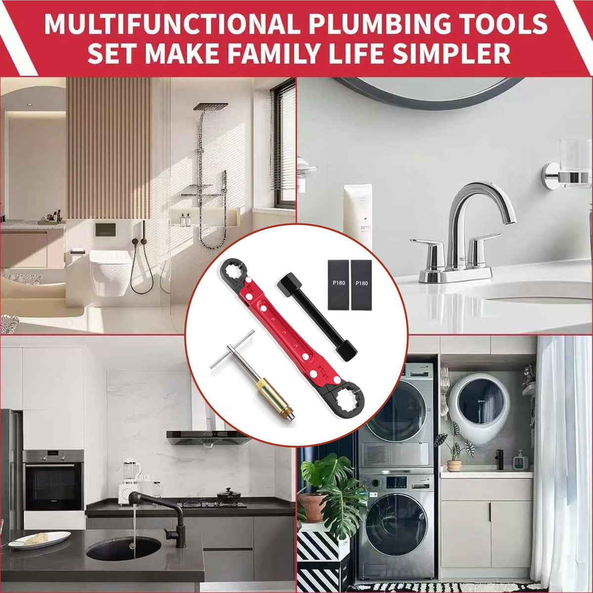 5Pcs Plumbing Tools Kit with Angle Stop Wrench & 1/2-Inch Compression Sleeve Puller (additional view 4)