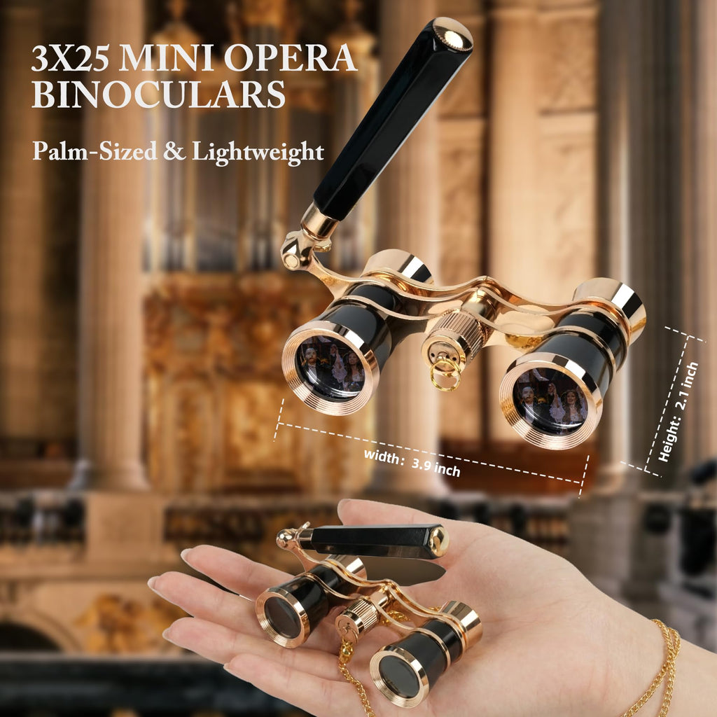 3X25 Opera Glasses with Neck Chain & Extendable Handle - Black view 3