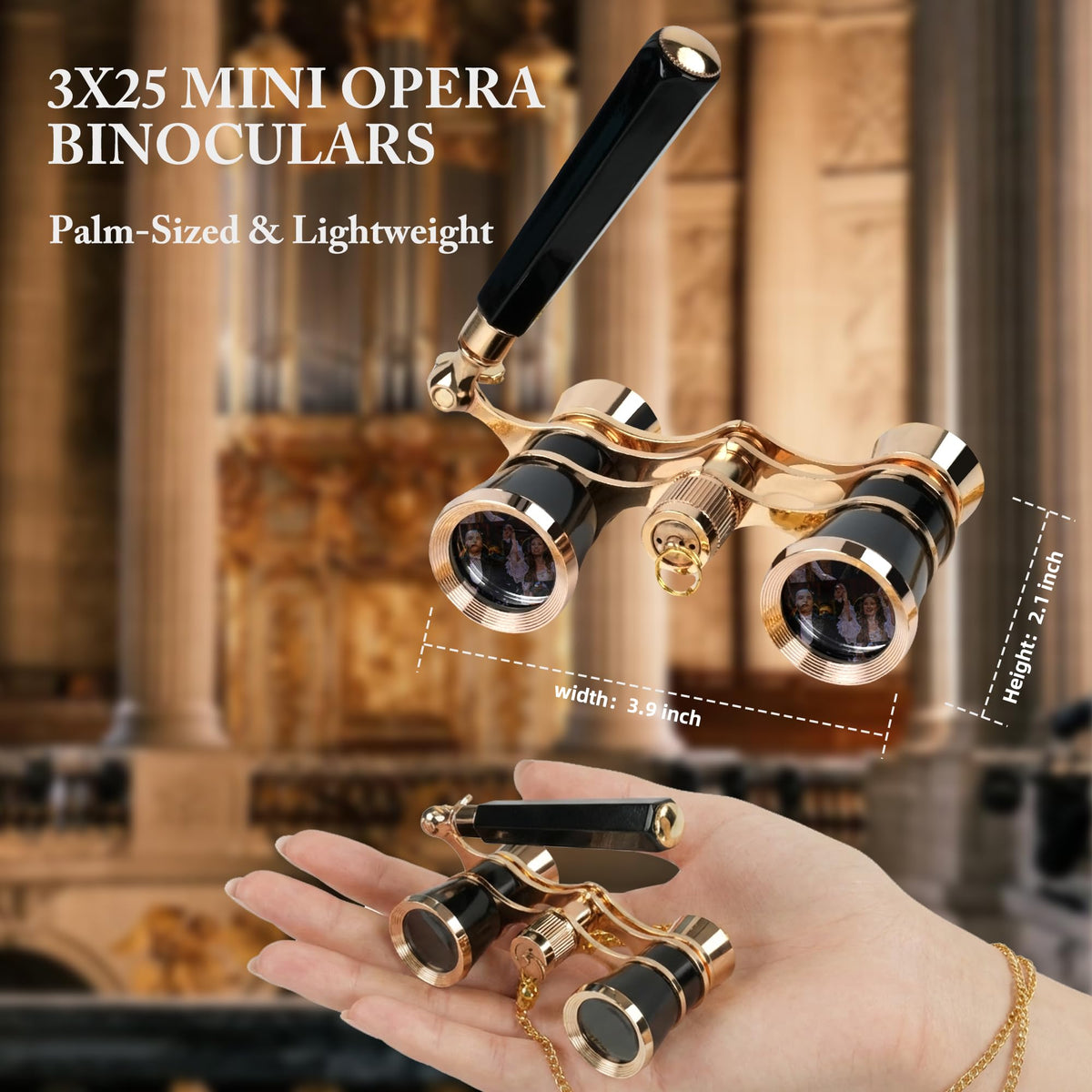 3X25 Opera Glasses with Neck Chain & Extendable Handle - Black view 3