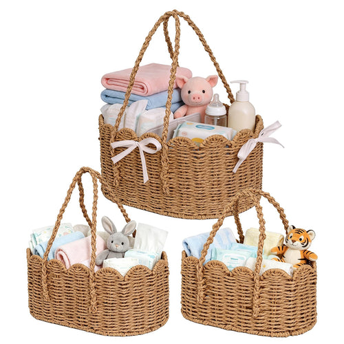 3 Set Wicker Diaper Caddy Organizer,Paper Rope Storage Baskets Nursery Bin