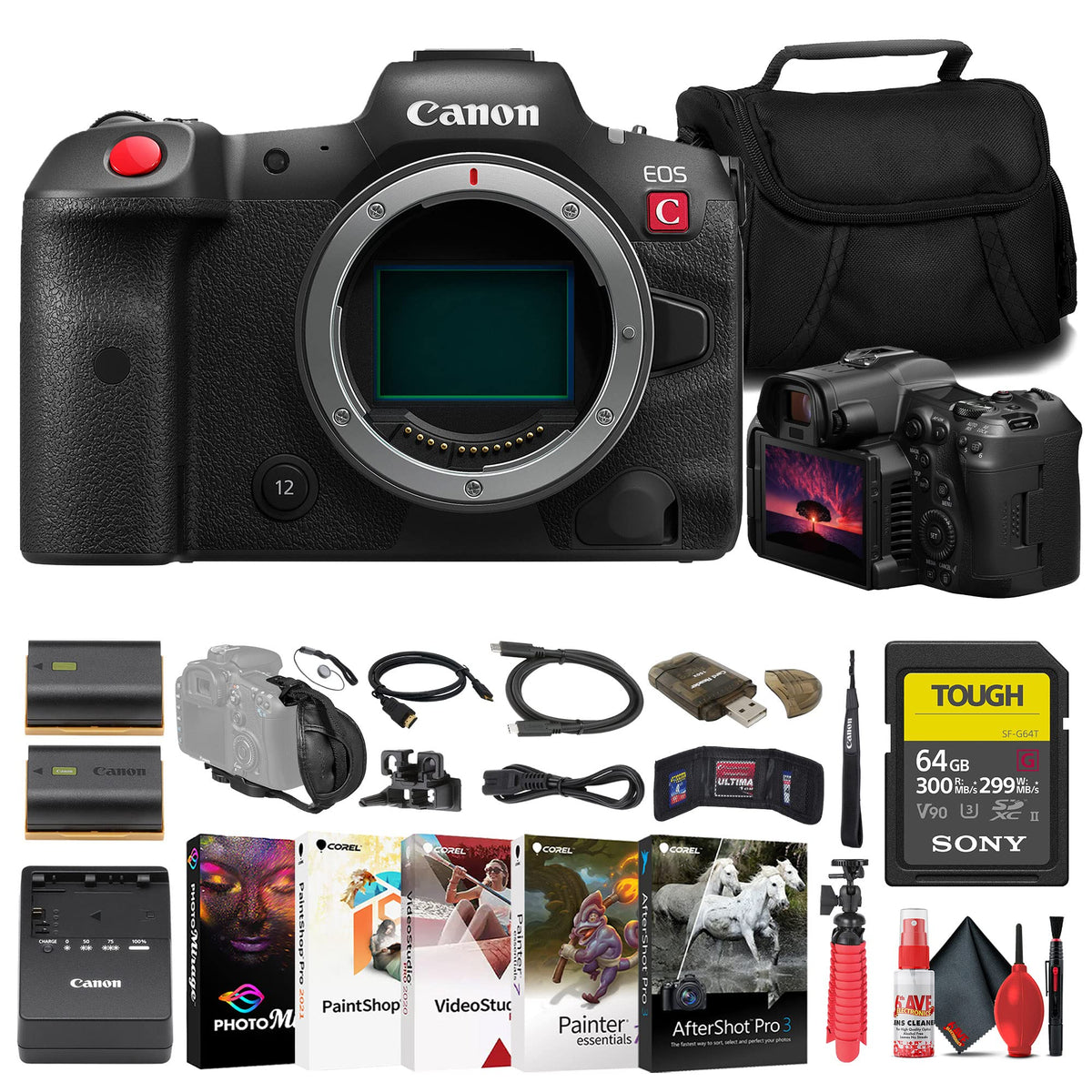 Canon EOS R5 C Mirrorless Cinema Camera with Tripod (5077C002) Bundle (5077C002_EDI_2-RE) (Pack of 17)