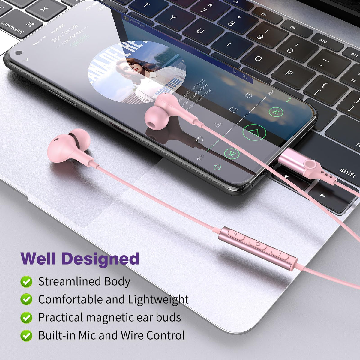 USB C Headphones for iPhone 18 Pro Max 17 16 15/Galaxy S26 FE Wired Earbuds - Rose-Pink view 5