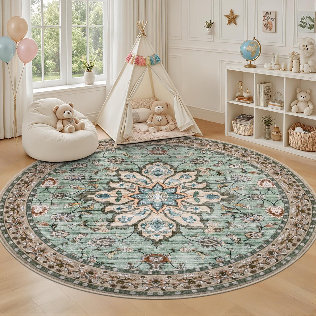 ExpediX Round Area Rug for Living Room: 6ft Boho Washable Rug – Brown Green