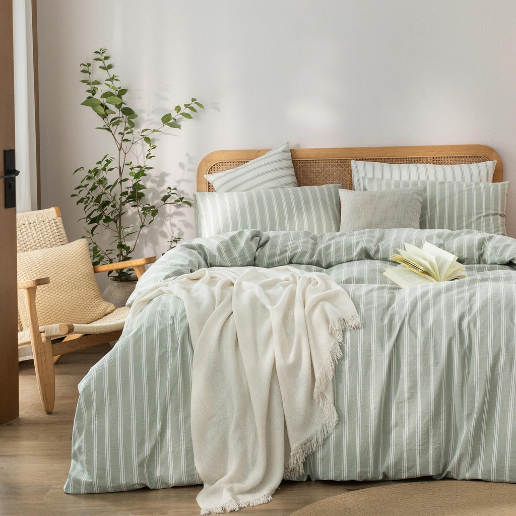BESTOUCH Cotton Solid Duvet Cover Set Linen Feel - Stripes - Sage Green/ White (No Comforter) / Twin/Twin XL (68" X 90")