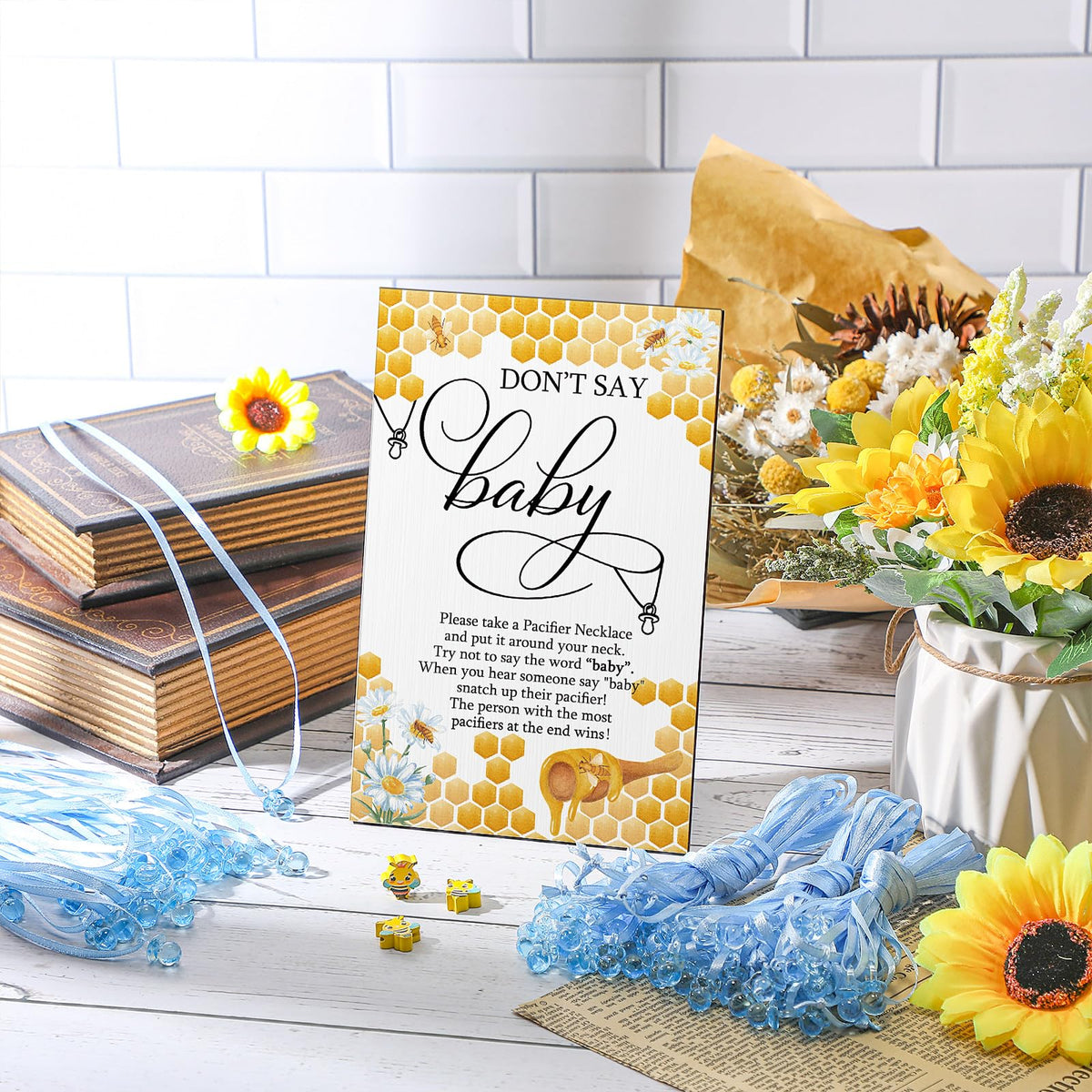 Geetery 51 Pcs Baby Shower Game Pacifier Necklace - Blue / Bee view 4
