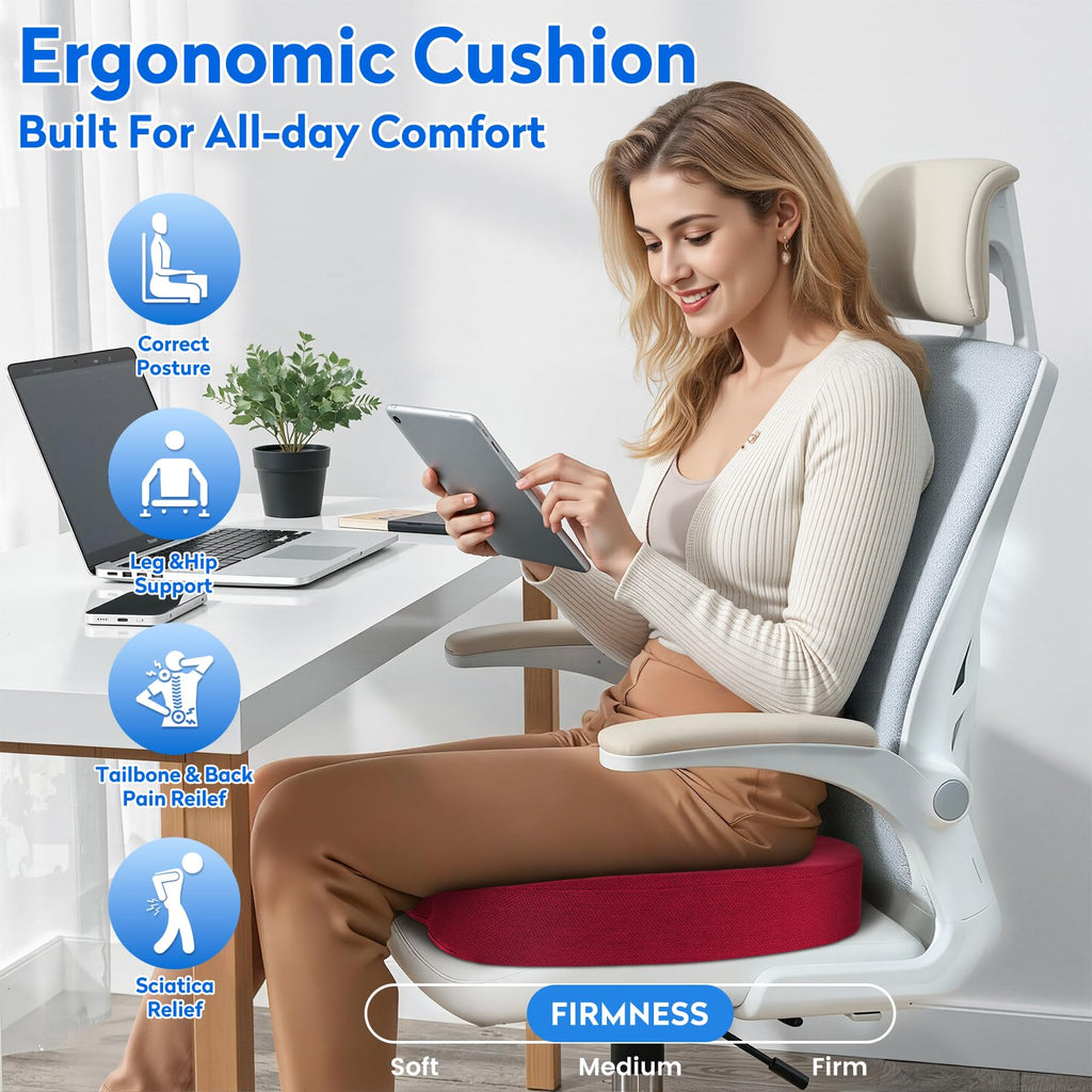 CushZone Memory Foam Seat Cushion for Office Hair, Car & Wheelchair, – Red (MPN-CZ0004-RE)