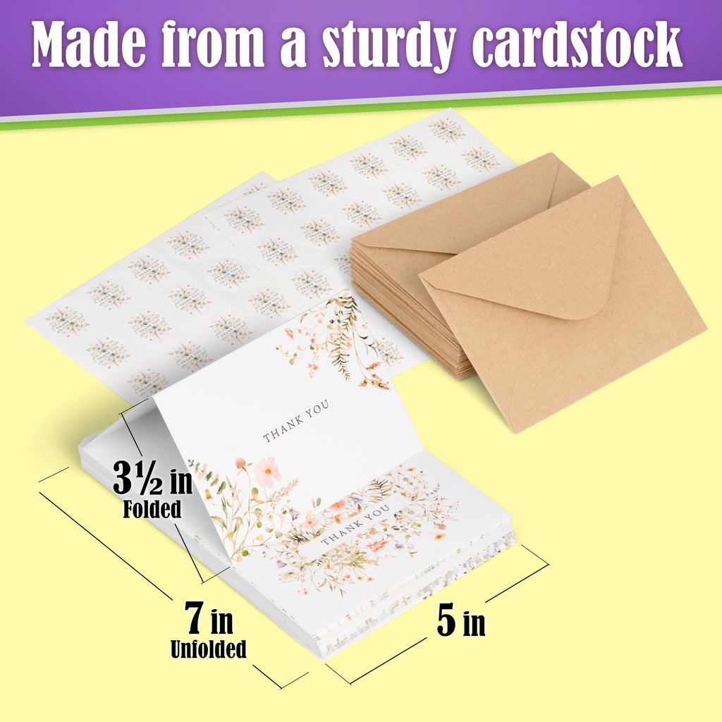 SPIRITDUST 52-pack Floral Thank You Cards Bulk with Kraft Envelopes & Matching Stickers, 3.5x5 Inches, 6 Wildflower