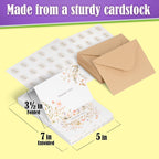 SPIRITDUST 52-pack Floral Thank You Cards Bulk with Kraft Envelopes & Matching Stickers, 3.5x5 Inches, 6 Wildflower