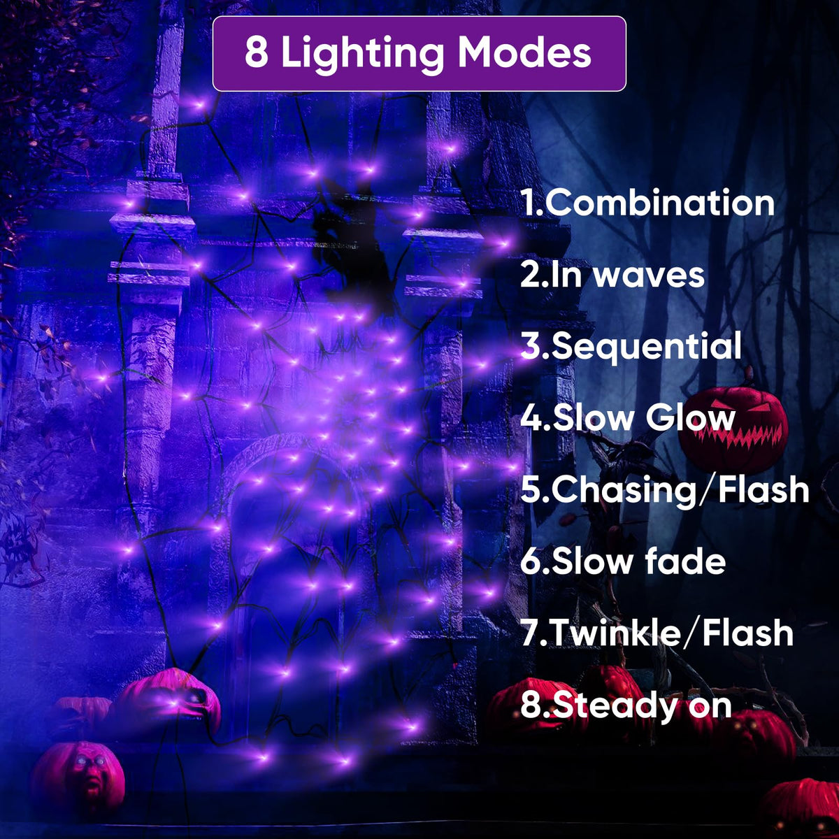 LCHUANG Halloween Decorations Lights Spider Web Lights - 2 Sets (Purple and Orange) view 1