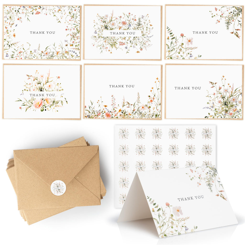 SPIRITDUST 52-pack Floral Thank You Cards Bulk with Kraft Envelopes & Matching Stickers, 3.5x5 Inches, 6 Wildflower