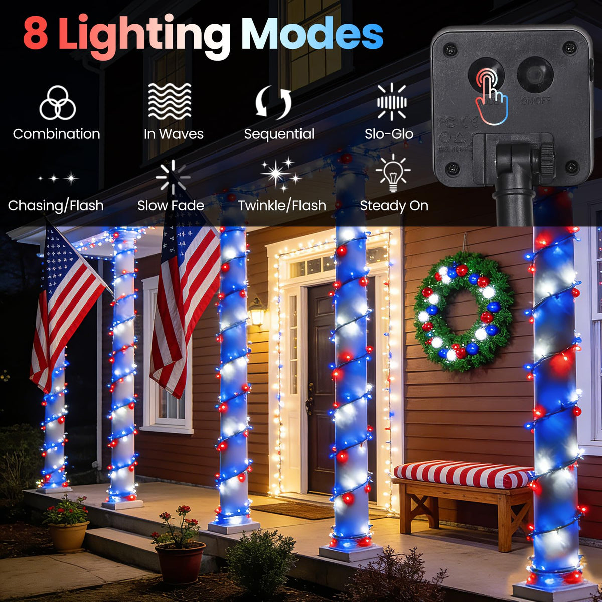 Moettany Solar String Lights Outdoor Waterproof - Red White and Blue view 2