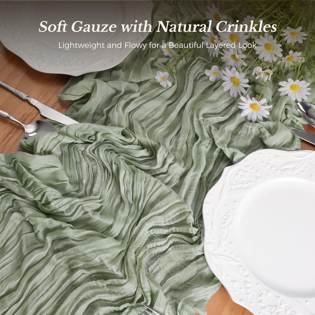 Goodluck Cheesecloth Table Runner 35x120 Inch Boho Gauze Table Runner - Sage Green view 2