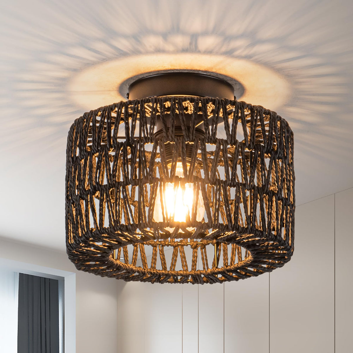 Rpzloila Rattan Ceiling Light, 1 Light Farmhouse Woven Flush Mount Ceiling Light, Boho