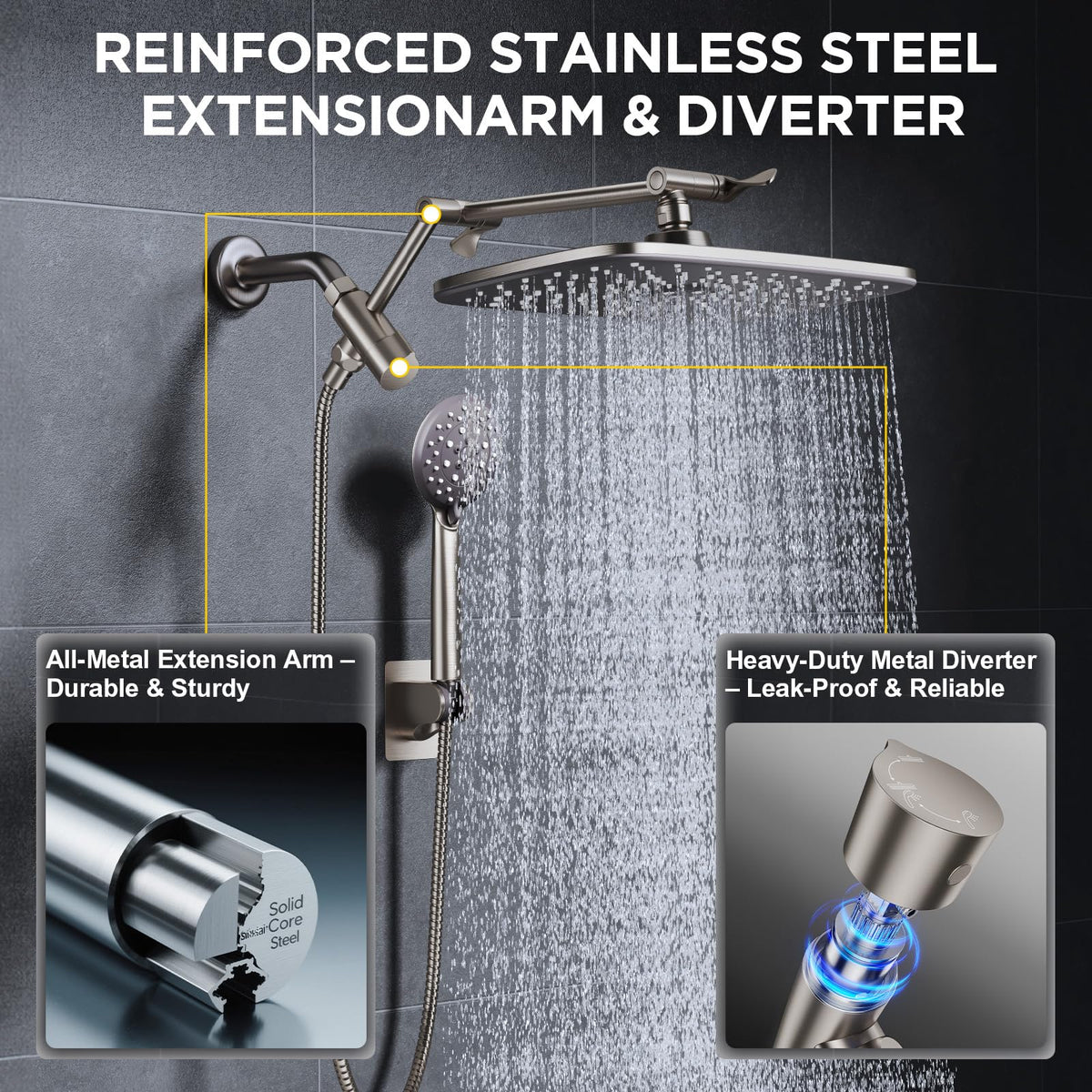 Veken Brushed Nickel 11.8" Shower Head with Handheld,Stain Resistant Finish (SHC5V403)