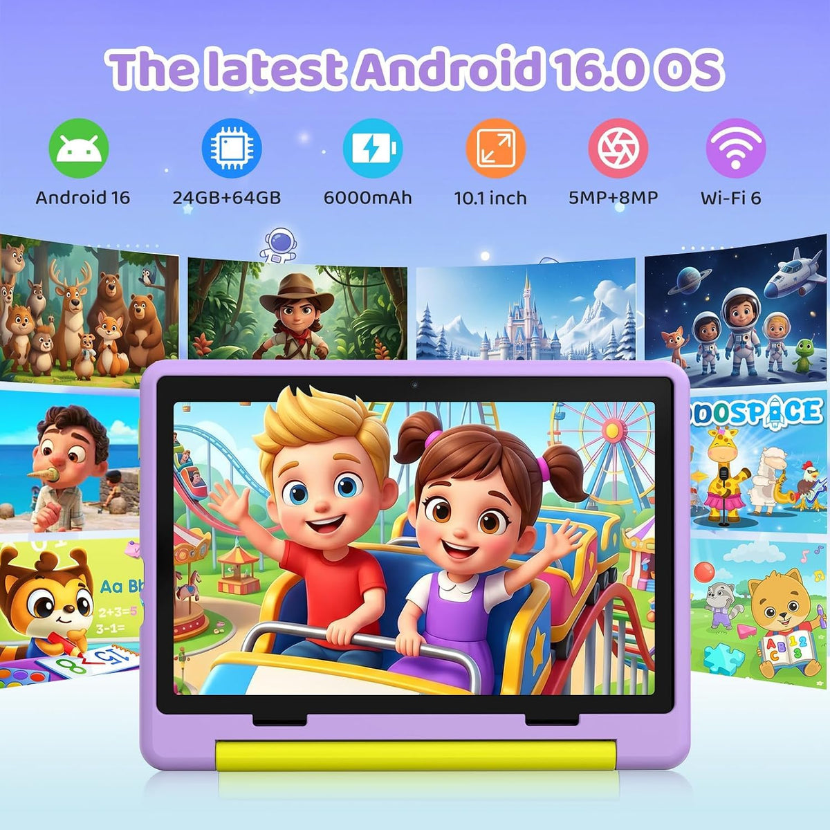 Kids Tablet,Android 16 Tablet for Kids 10 inch with Case,24GB RAM 64GB ROM - Purple view 3
