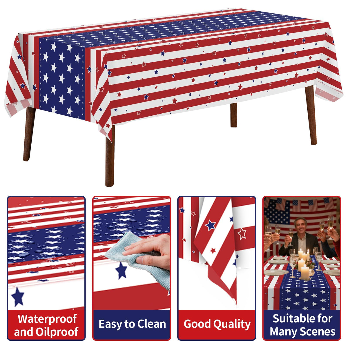 CXPSINC 54 Inch Plastic Table Cover Roll Disposable Tablecloth with Slide Cutter - American Flag / 3600" x 54" (Rectangular) view 2
