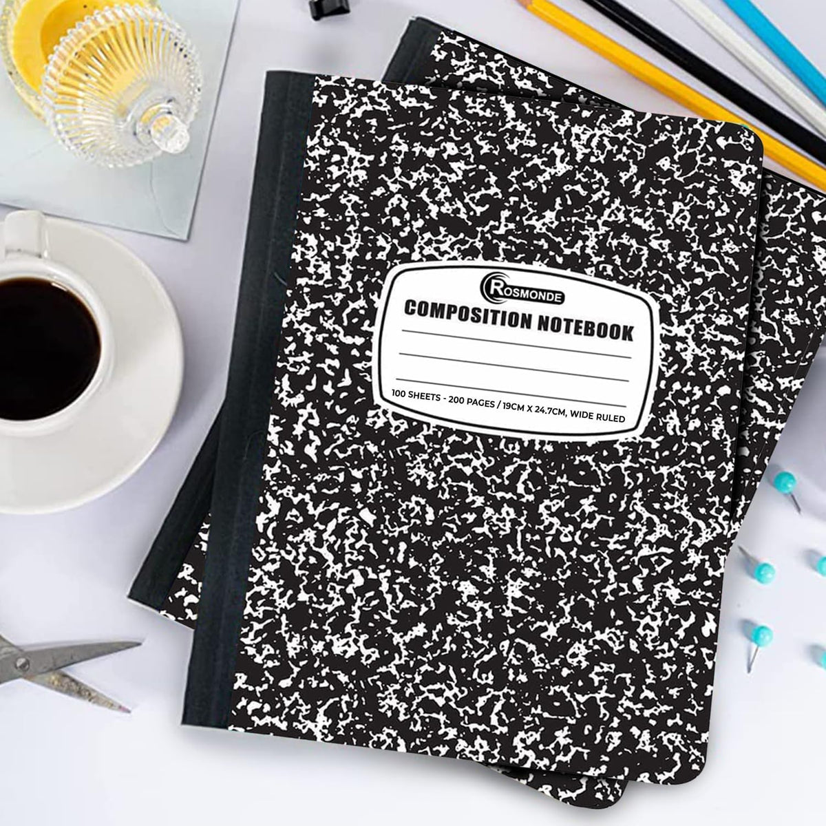 Rosmonde 2000 Pack Composition Notebooks Bulk, Wide Ruled, Black Marble