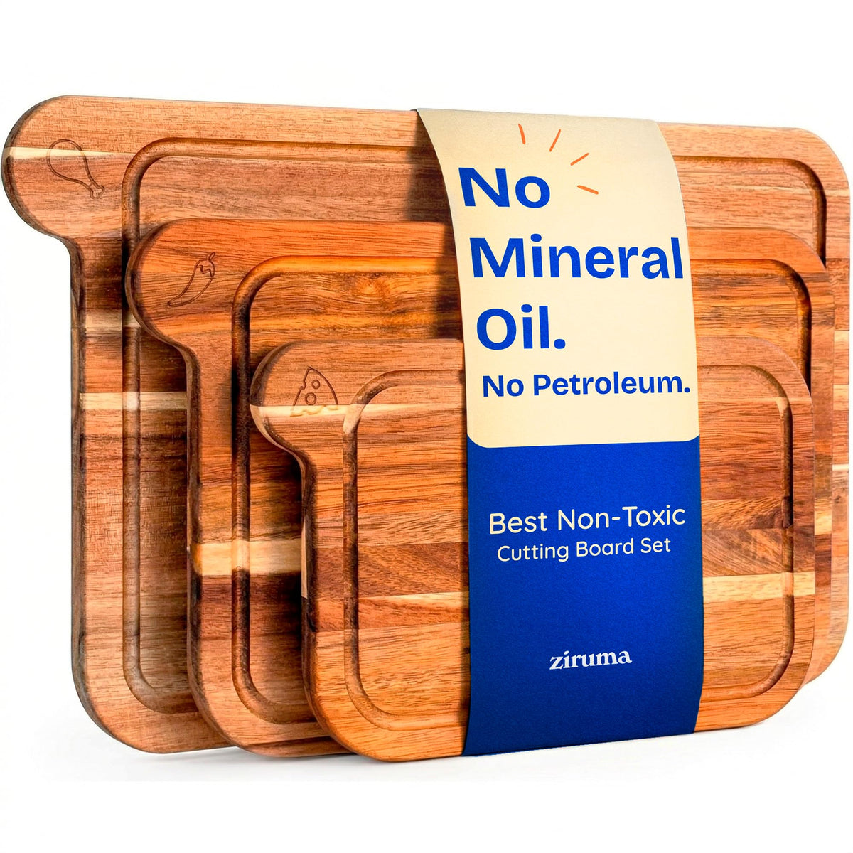Ziruma Non-Toxic Acacia Cutting Board Set of 3, Mineral Oil Free, Plastic Free (ZAWDCBTRNH)