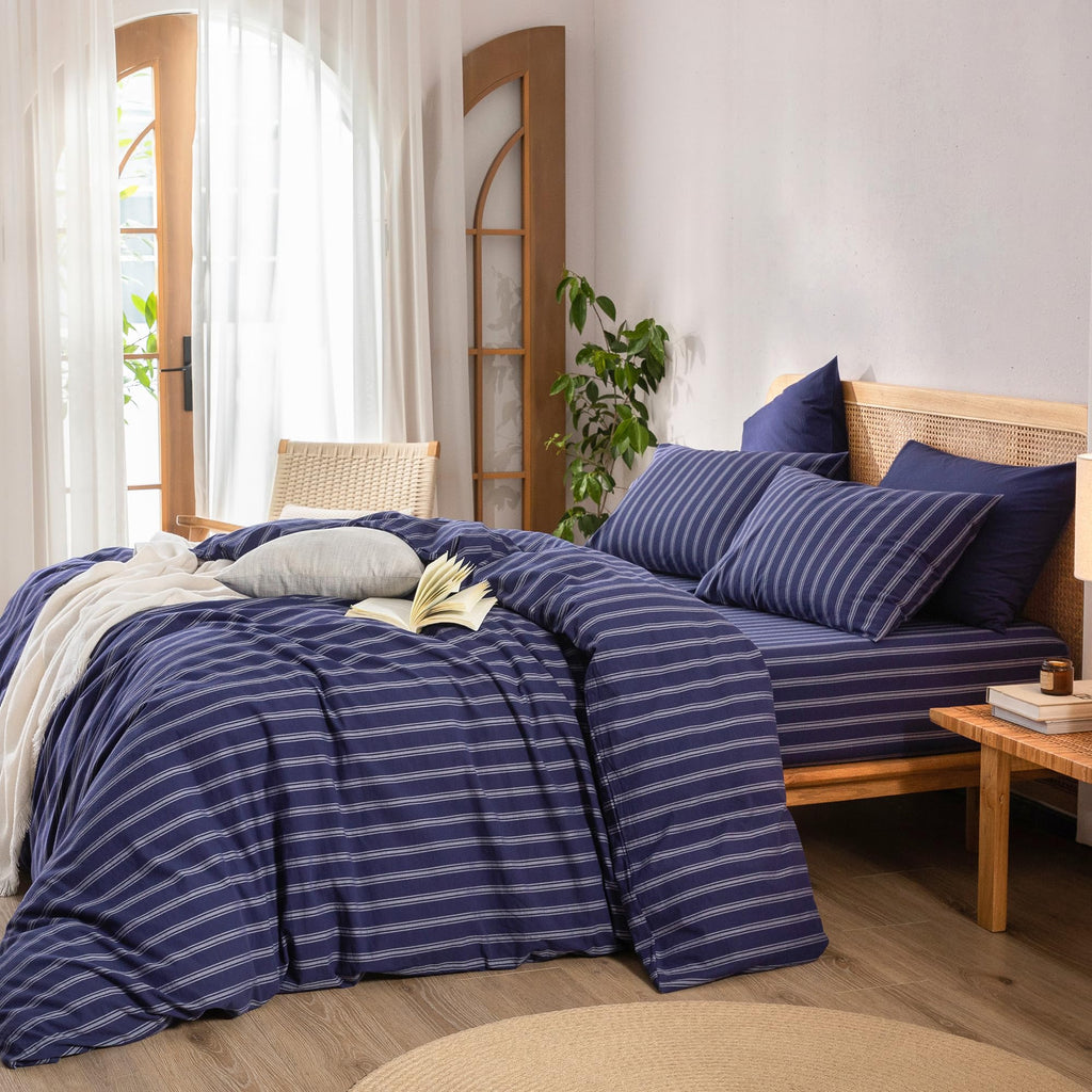 BESTOUCH Cotton Solid Duvet Cover Set Linen Feel - Stripes - Navy Blue/ White (No Comforter) / Queen (90" X 90") view 3