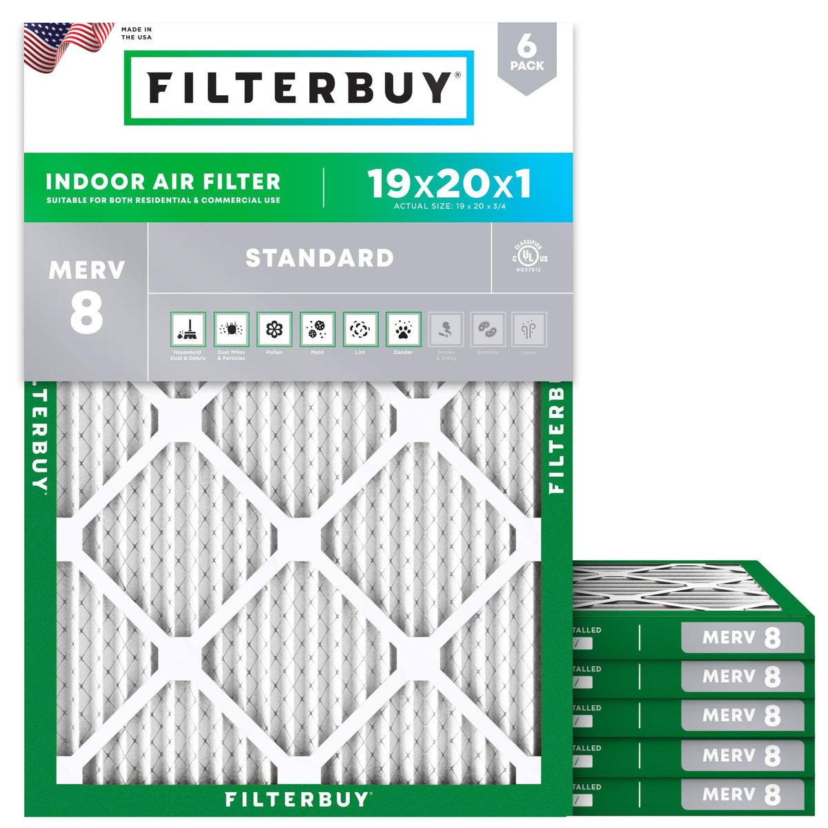 Filterbuy 19x20x1 Air Filter MERV 8 Dust & Allergy Defense (6-Pack)