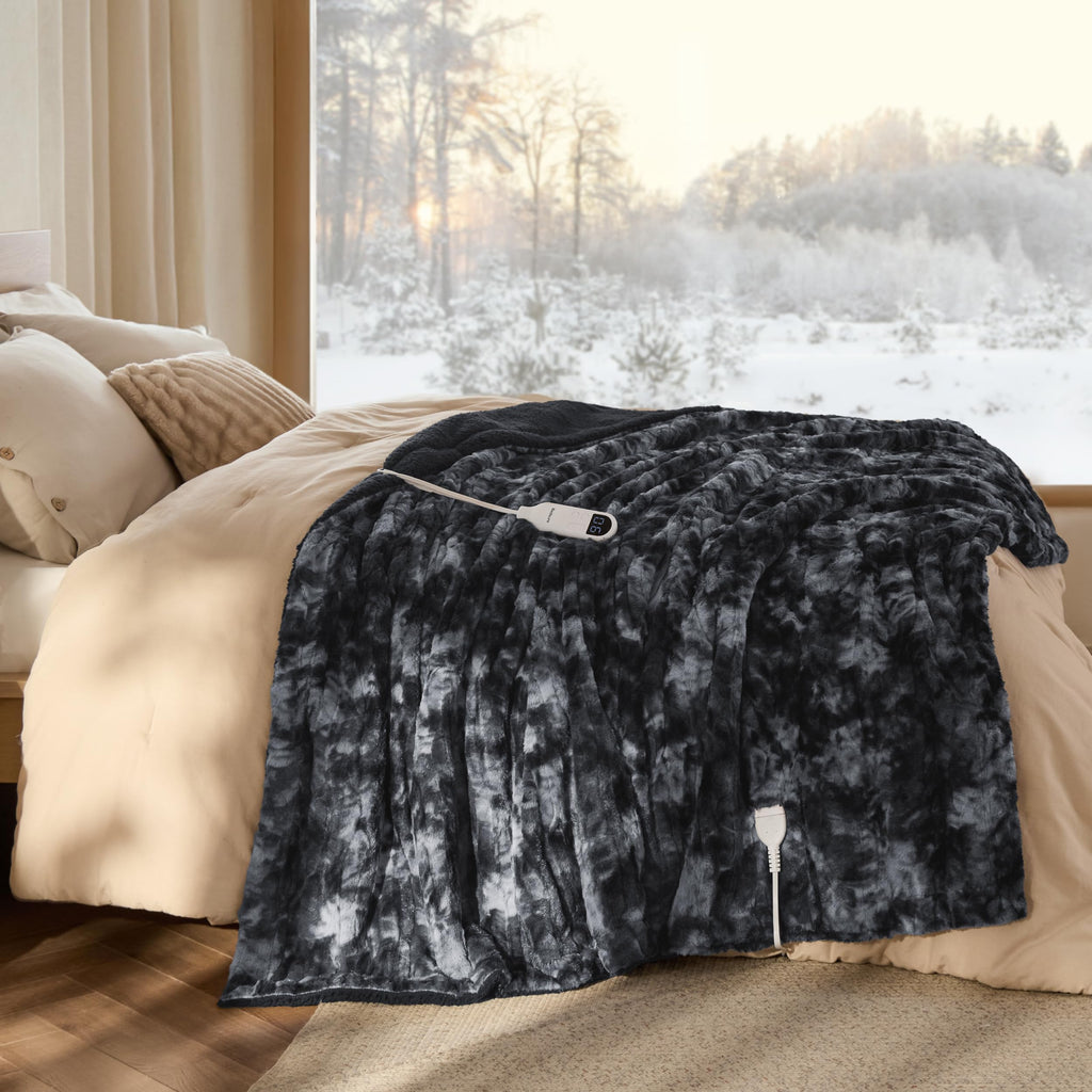 Bedsure Faux Fur Heated Blanket Full Size, Tie-Dye Electric Blanket, – Black (BS-300B)