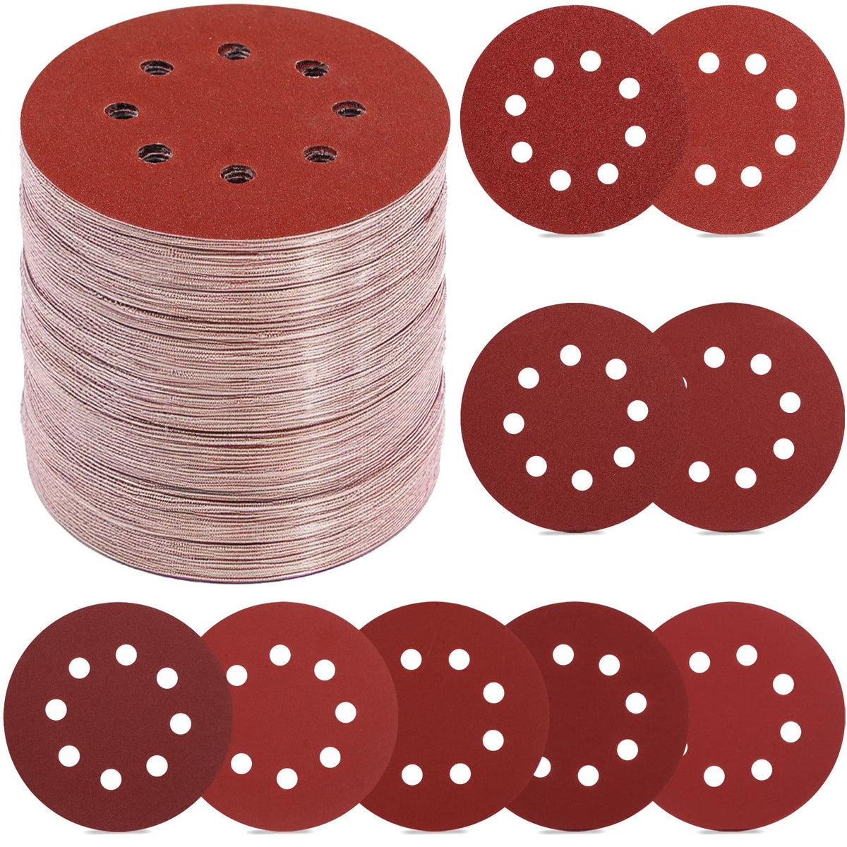 YNZDRWA 70 PCS 5 Inch 8-Hole Sanding Discs, 9 Mixed Grits (YN004) (Pack of 70)