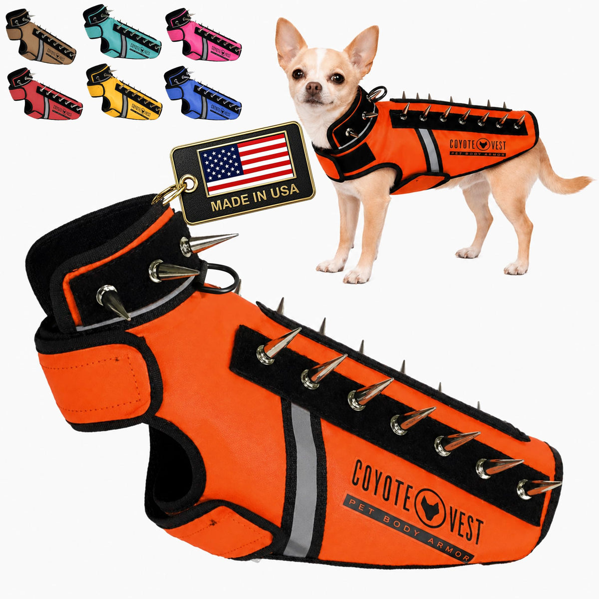 CoyoteVest SpikeVest Dog Harness, Made in the USA, XXS-Yellow - Fluorescent Orange / XX-Small