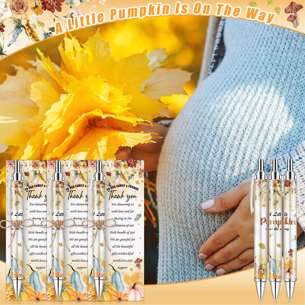 EYNDYN 145 Pieces Baby Shower Favors Ballpoint Pens and Keychains Gifts Bulk Retractable Pens Gender Reveal Cards Souvenirs - 36 / Pumpkin view 6