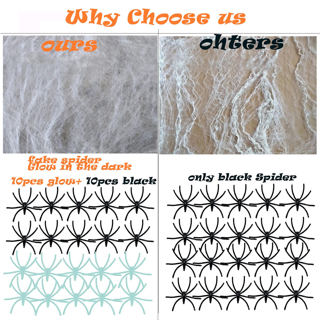 300 Sqft Halloween Spider Web Decorations, with 10 Glow and 10 Black Fake Spiders (additional view 2)